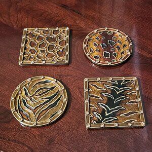 SIGNED 4 JAY STRONGWATER JUNGLE LEOPARD TIGER CRYSTAL ENAMEL BAR DRINK COASTERS